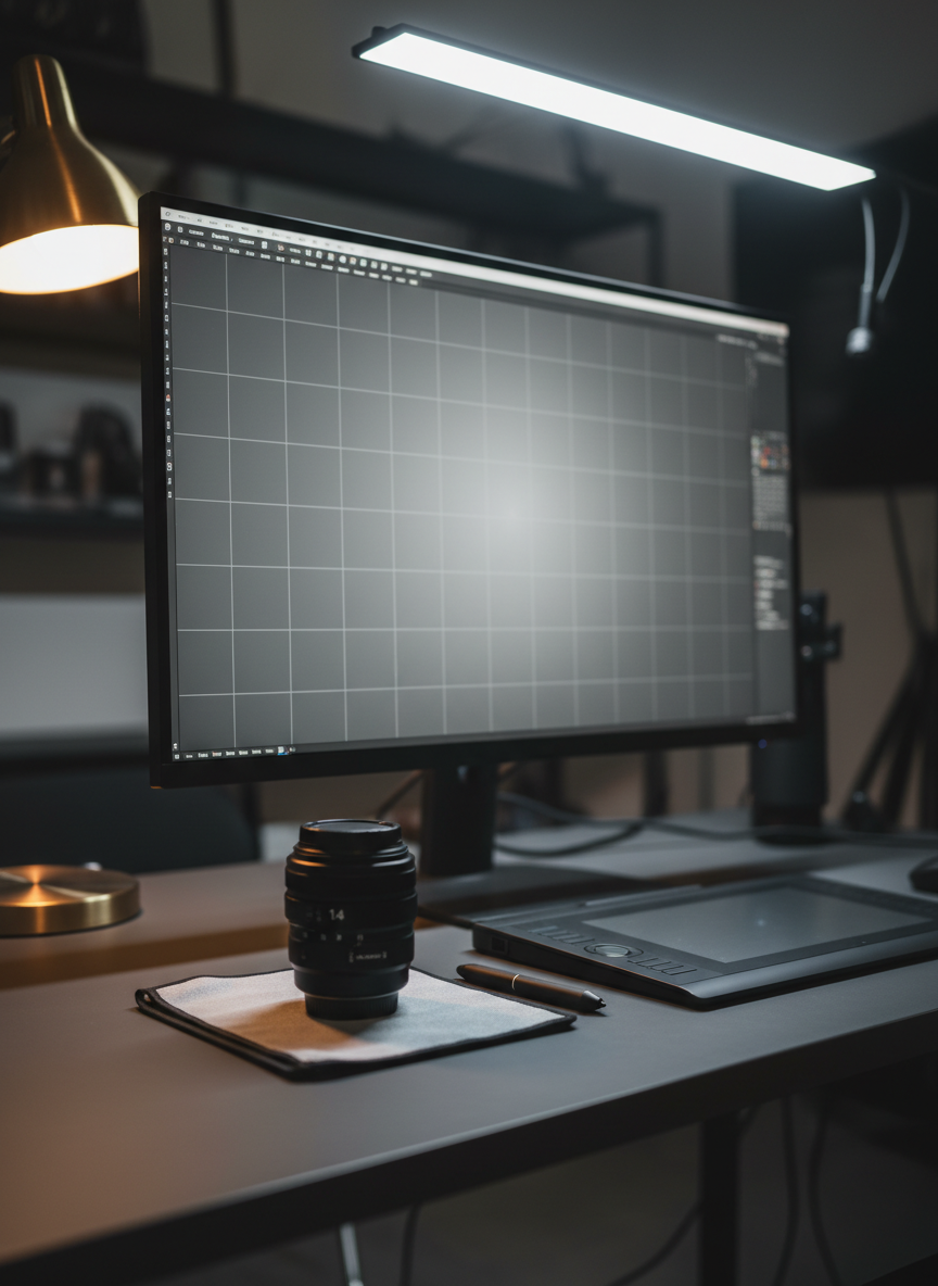 A meticulously organized studio desk featuring a high-end, color-calibrated monitor displaying a grayscale gradient and a grid layout—suggesting portrait retouching in progress without revealing faces. Beside it, a sleek metal graphics tablet with a pressure-sensitive pen rests on a smooth, charcoal desktop. A single, matte black lens with a wide aperture marking sits on a soft microfiber cloth, its glass reflecting subtle hints of the room. Cool, diffused overhead lighting mixes with a faint warm glow from a desk lamp, creating a sophisticated, balanced atmosphere. Captured from an oblique angle with moderate depth of field so foreground equipment is sharp while the background falls into gentle blur. The photographic realism and restrained color palette reinforce precision, care, and the polished craft behind fine portrait photography.