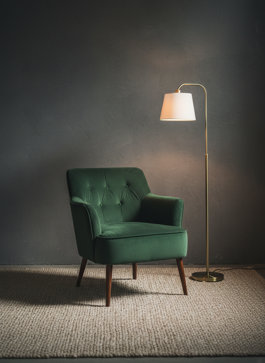 A carefully curated corner of a studio featuring an empty, vintage-inspired armchair upholstered in deep emerald velvet with refined tufting and slim walnut legs. The chair is positioned slightly off-center against a textured charcoal-gray wall, with a plush, pale beige rug anchoring the scene. A single floor lamp with a slender brass stem and a white fabric shade stands to the right, casting soft, directional light that grazes the chair’s contours and creates a gentle pool of illumination. Shadows fall delicately to the left, adding depth. Shot at eye level with a medium focal length and shallow depth of field, the background subtly softens while the armchair remains crisply defined. The photographic realism and understated palette evoke a sophisticated, intimate setting, perfectly prepared for a memorable portrait session.