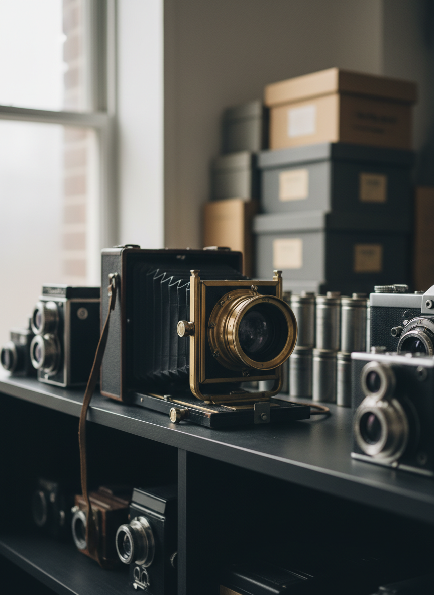 A meticulously arranged collection of vintage portrait cameras displayed on a matte black wooden shelf in a calm studio. Brass lenses, textured leather bellows, and polished metal dials catch soft, diffused window light from the left, creating gentle highlights and elongated shadows. Behind them, a blurred backdrop of stacked archival boxes and neatly labeled film canisters suggests a working photographer’s space. Shot at eye level with a shallow depth of field so one mid-century camera is crisply in focus while others dissolve into bokeh. The photographic realism emphasizes subtle scratches, patina, and worn edges, conveying sophistication, legacy, and the artistry of portrait photography without any human presence.