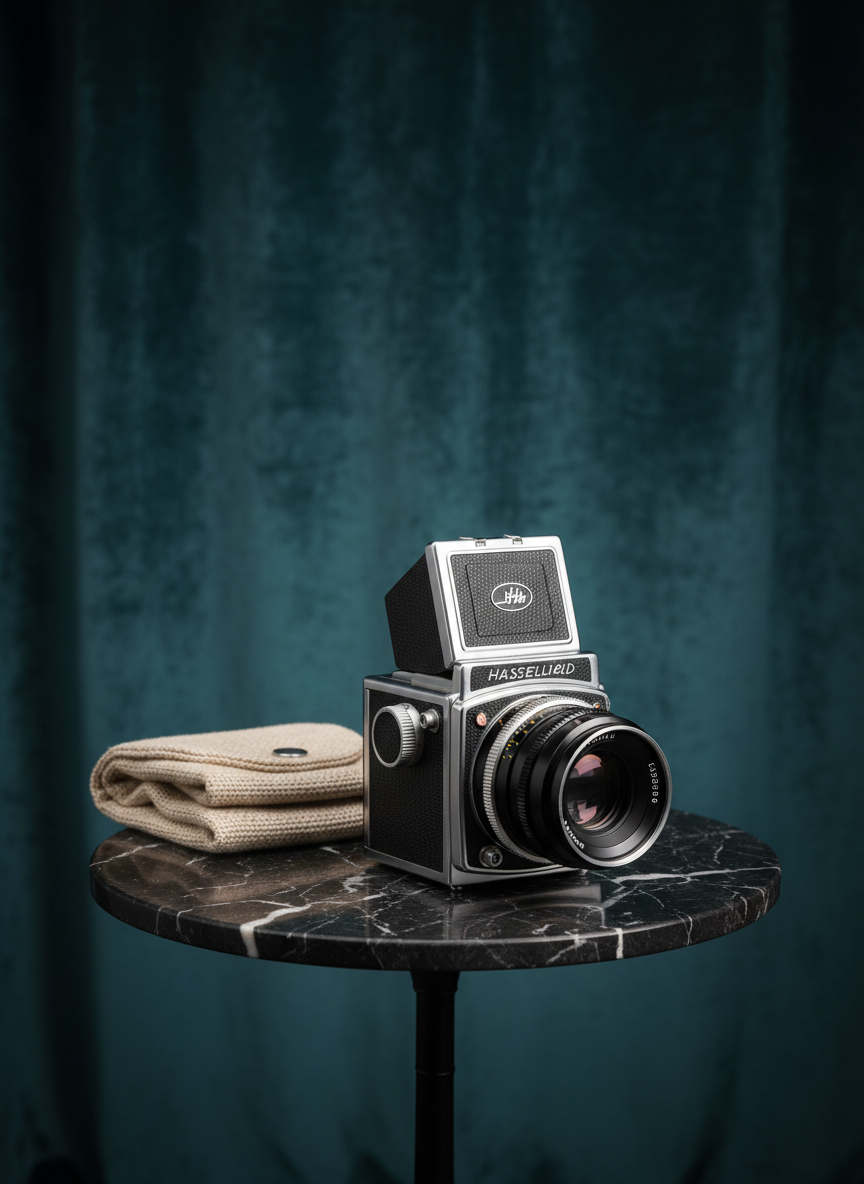 A polished medium-format camera resting on a small, circular, black marble side table in front of a richly textured, dark teal backdrop. The camera’s metal edges gleam under a single overhead softbox, its light feathered to create a gentle gradient across the scene and a precise highlight along the lens barrel. A folded, linen light meter pouch sits beside the camera, its woven texture adding quiet detail. The background falls into a luxurious blur, emphasizing the precision engineering of the camera body, knurled dials, and etched lens markings. Captured from a slightly elevated three-quarter angle in photographic realism, the composition is centered yet balanced, conveying quiet confidence, technical mastery, and the refined tools behind sophisticated portrait imagery.