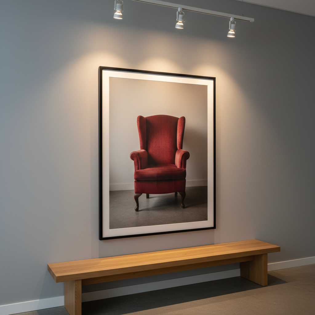 An elegantly framed, large-format portrait photograph of an empty, high-back velvet chair, hanging on a smooth dove-gray gallery wall. The frame is slim black metal with a subtle satin finish, perfectly level above a minimalist oak bench. Overhead track lights cast focused, warm illumination onto the print, creating a halo of light that fades into soft shadows along the wall. The polished concrete floor reflects faint glimmers of the frame’s outline. Captured from a slightly off-center perspective using a normal lens, the composition follows the rule of thirds, evoking a refined, museum-like atmosphere. The photographic realism, clean lines, and muted color palette underscore the sophistication and timeless quality of professional portrait work.