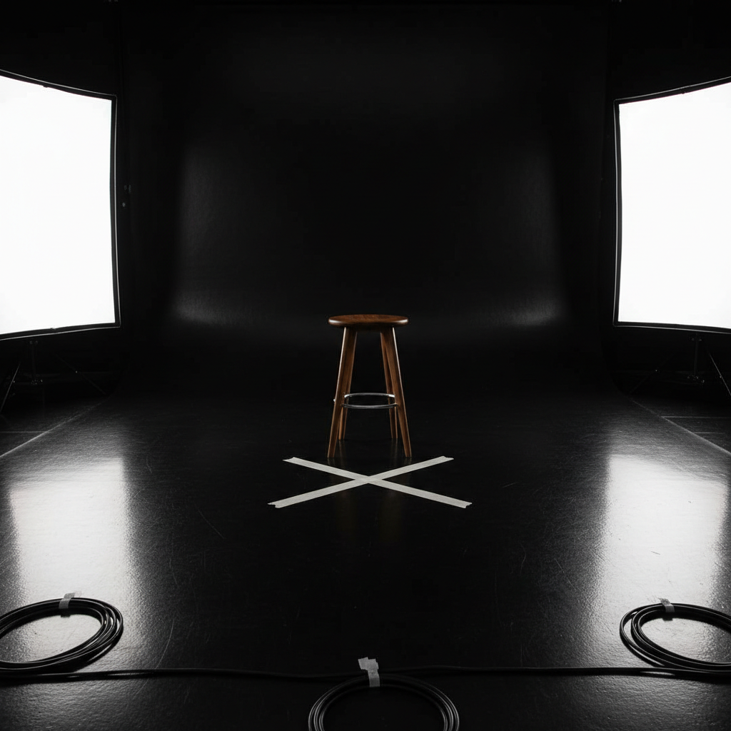 A pristine, glossy black portrait photography studio backdrop sweeping seamlessly from vertical to horizontal, forming a flawless infinity curve. At its center stands an empty, sculptural wooden stool with a smooth walnut finish and tapered legs, placed precisely on a marked cross of narrow white gaffer’s tape. On either side, tall softboxes with white diffusers glow subtly, their light focused toward the stool, creating a controlled, even illumination and faint reflections on the floor. Coiled cables, neatly arranged, frame the lower edge of the scene. Shot from a low, slightly forward angle with crisp focus throughout, the photographic realism highlights textures of fabric, wood grain, and metal stands, suggesting readiness for a once-in-a-lifetime portrait without revealing any subject.