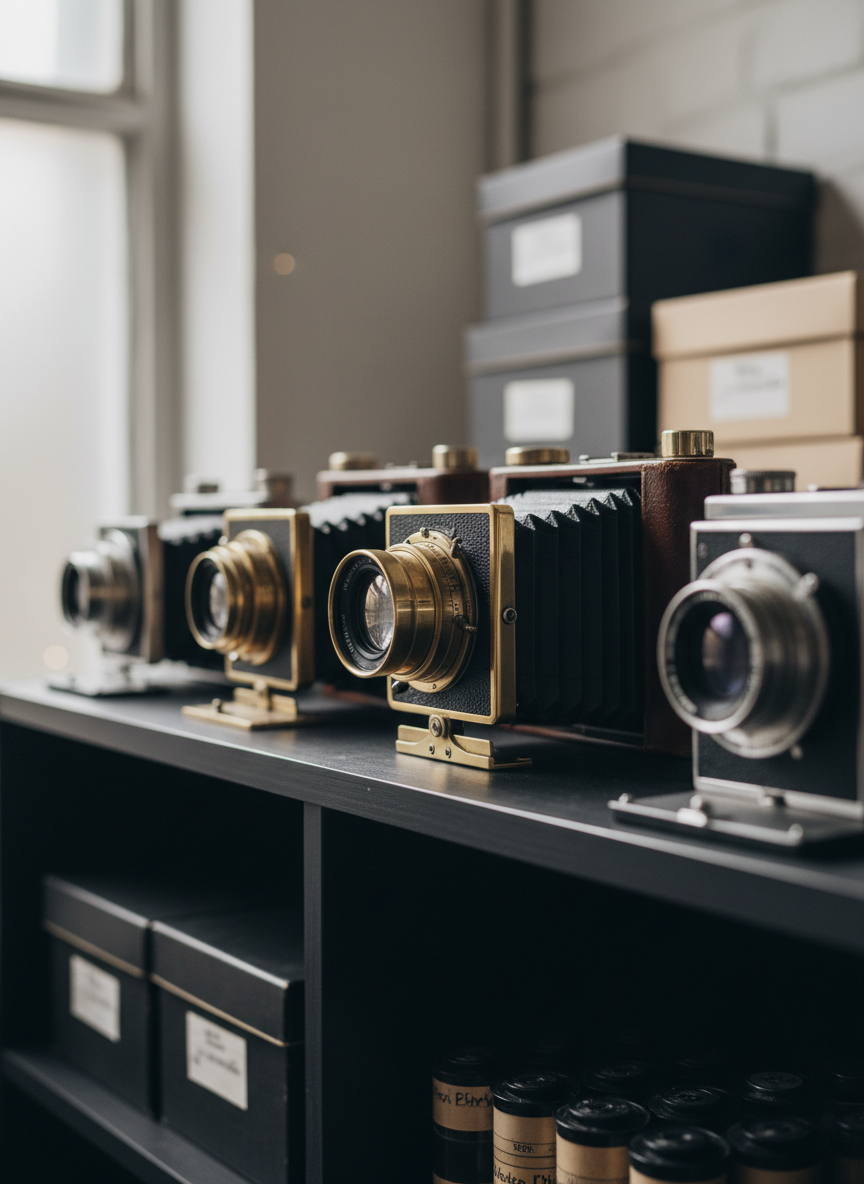 A meticulously arranged collection of vintage portrait cameras displayed on a matte black wooden shelf in a calm studio. Brass lenses, textured leather bellows, and polished metal dials catch soft, diffused window light from the left, creating gentle highlights and elongated shadows. Behind them, a blurred backdrop of stacked archival boxes and neatly labeled film canisters suggests a working photographer’s space. Shot at eye level with a shallow depth of field so one mid-century camera is crisply in focus while others dissolve into bokeh. The photographic realism emphasizes subtle scratches, patina, and worn edges, conveying sophistication, legacy, and the artistry of portrait photography without any human presence.