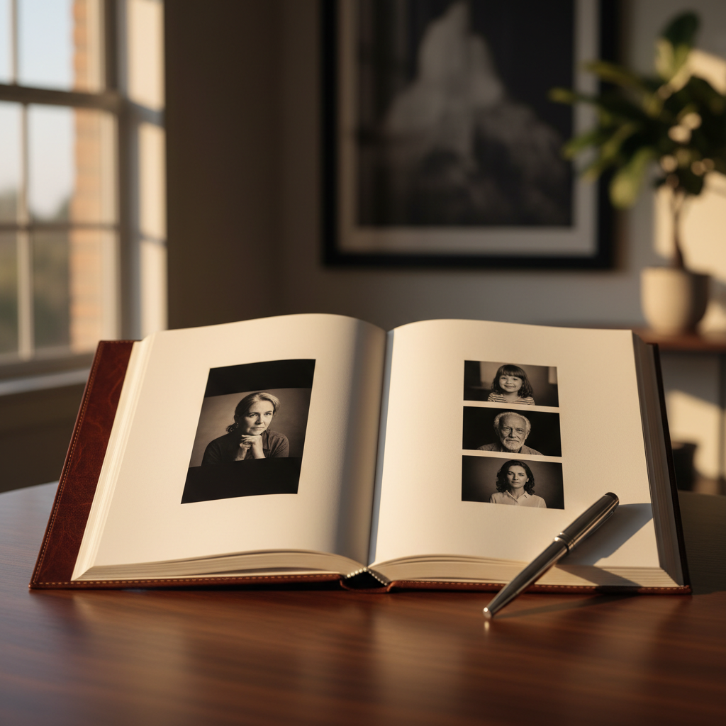 An open, finely bound leather portfolio book resting on a dark walnut table in a serene studio office. Thick, satin-finish pages display full-bleed black rectangles, each representing a carefully composed portrait, surrounded by ample white margins. A single silver fountain pen with a glossy barrel lies diagonally across the lower corner of the book, catching the soft golden hour light streaming through a nearby window. The light creates delicate gradients across the paper and gentle shadows from the pen. In the softly blurred background, a hint of a framed print and a subtle plant silhouette add depth. Photographed from a slightly elevated angle with shallow depth of field, in clean, photographic realism, the scene conveys sophistication, curation, and the intimate experience of selecting a portrait that truly shines.