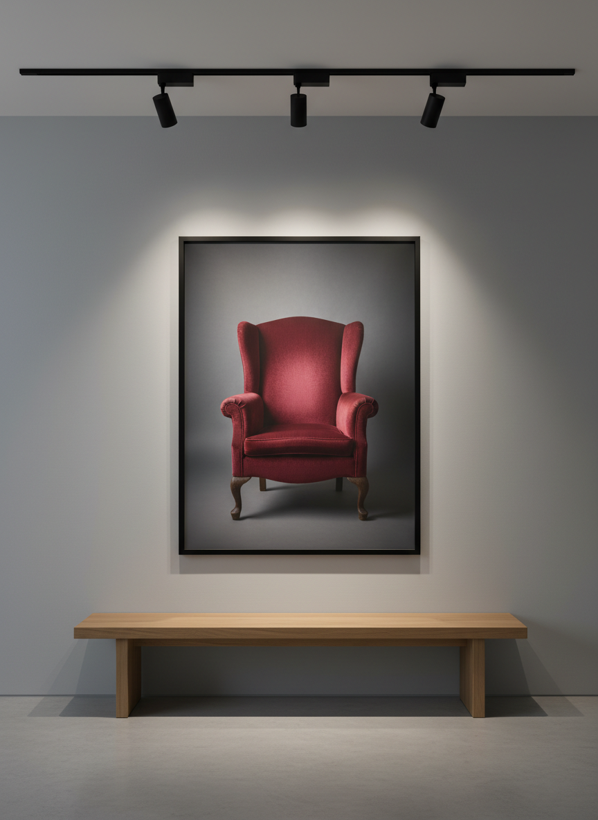 An elegantly framed, large-format portrait photograph of an empty, high-back velvet chair, hanging on a smooth dove-gray gallery wall. The frame is slim black metal with a subtle satin finish, perfectly level above a minimalist oak bench. Overhead track lights cast focused, warm illumination onto the print, creating a halo of light that fades into soft shadows along the wall. The polished concrete floor reflects faint glimmers of the frame’s outline. Captured from a slightly off-center perspective using a normal lens, the composition follows the rule of thirds, evoking a refined, museum-like atmosphere. The photographic realism, clean lines, and muted color palette underscore the sophistication and timeless quality of professional portrait work.